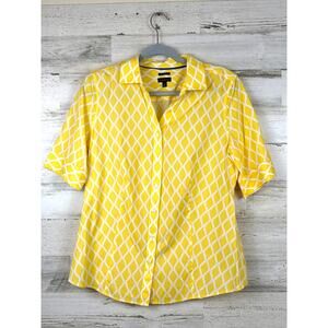 Talbots Womens 10 Yellow White Wrinkle Free Diamond Short Sleeve Summer Blouse